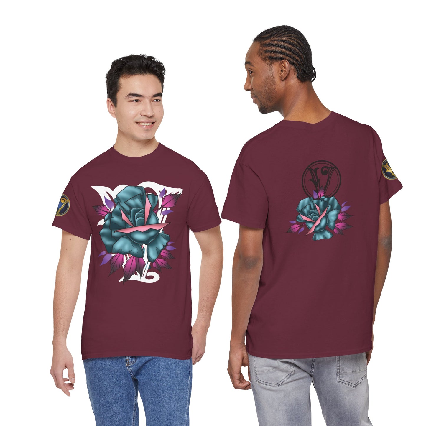 Blue & Pink Rose Graphic Tee — Vintage Floral Tattoo Shirt