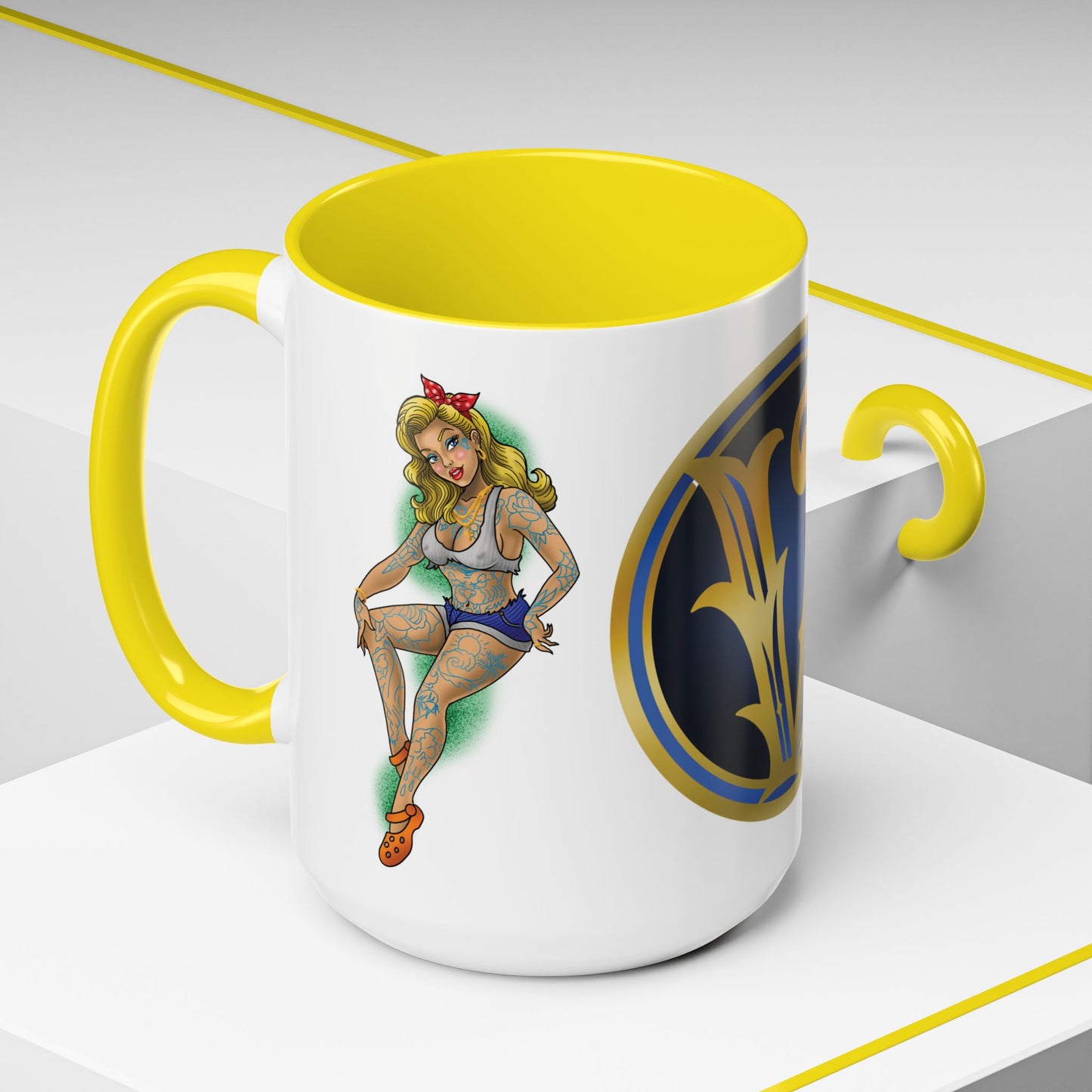 Vintage Pin-Up Coffee Mug with Gold Monogram V — Retro Tattoo Style Accent Mug (11/15oz)