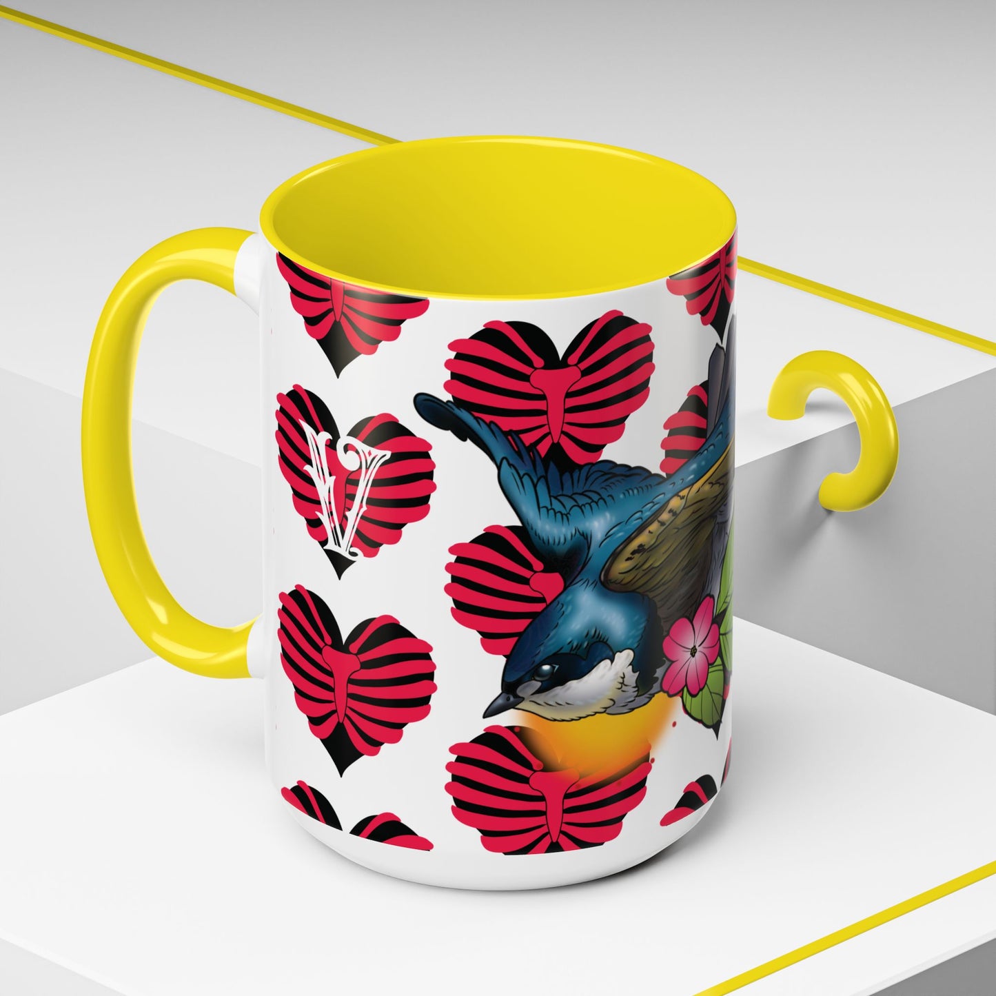 Bird & Hearts Accent Coffee Mug – Colorful Songbird Pattern (11/15oz)