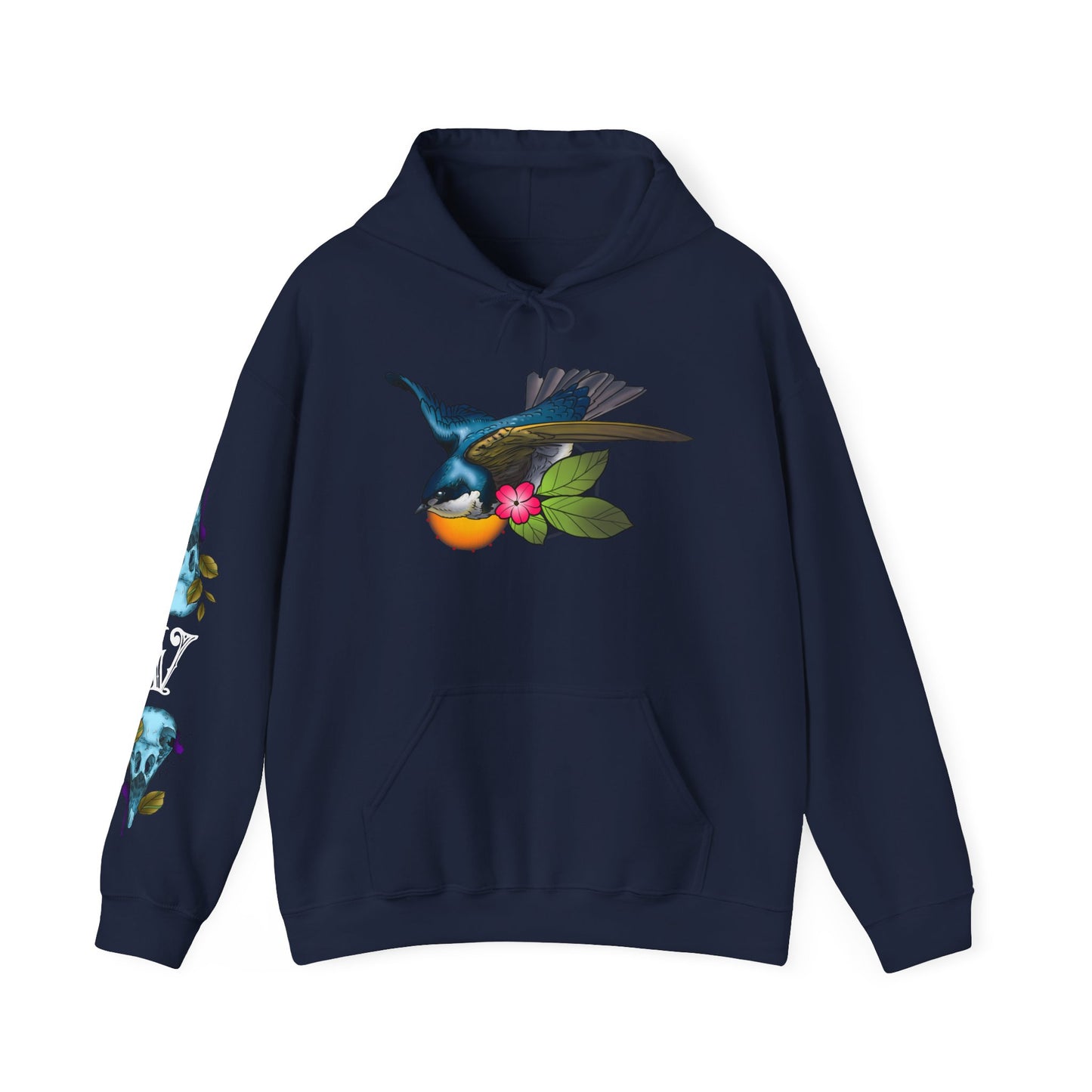 Swallow & Blossom Hoodie – Blue Bird Floral Graphic Sweatshirt