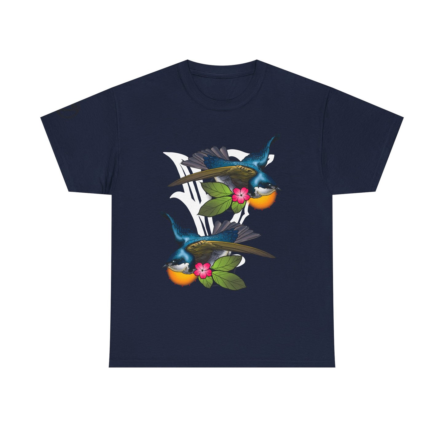 Bird Skull & Swallow Art Tee — Vibrant Blue Bird Illustration T-Shirt
