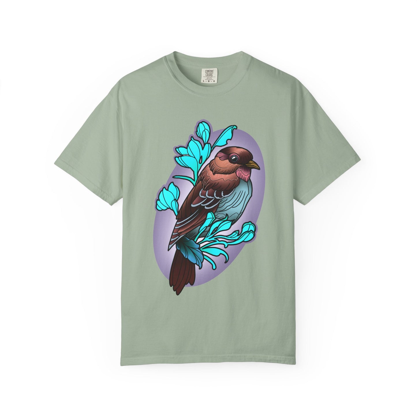Bird Illustration T-Shirt — Colorful Sparrow on Floral Branch Tee