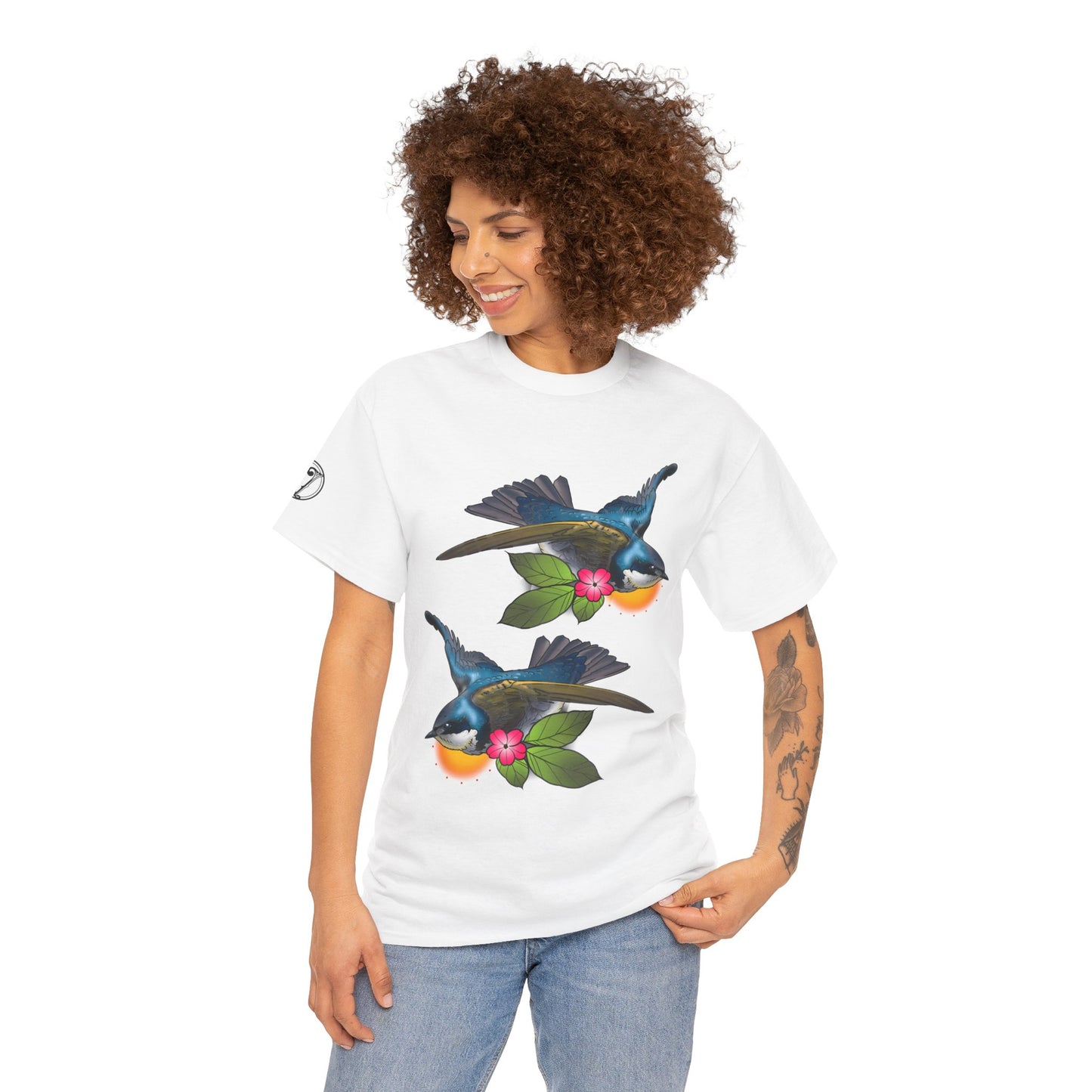 Bird Skull & Swallow Art Tee — Vibrant Blue Bird Illustration T-Shirt