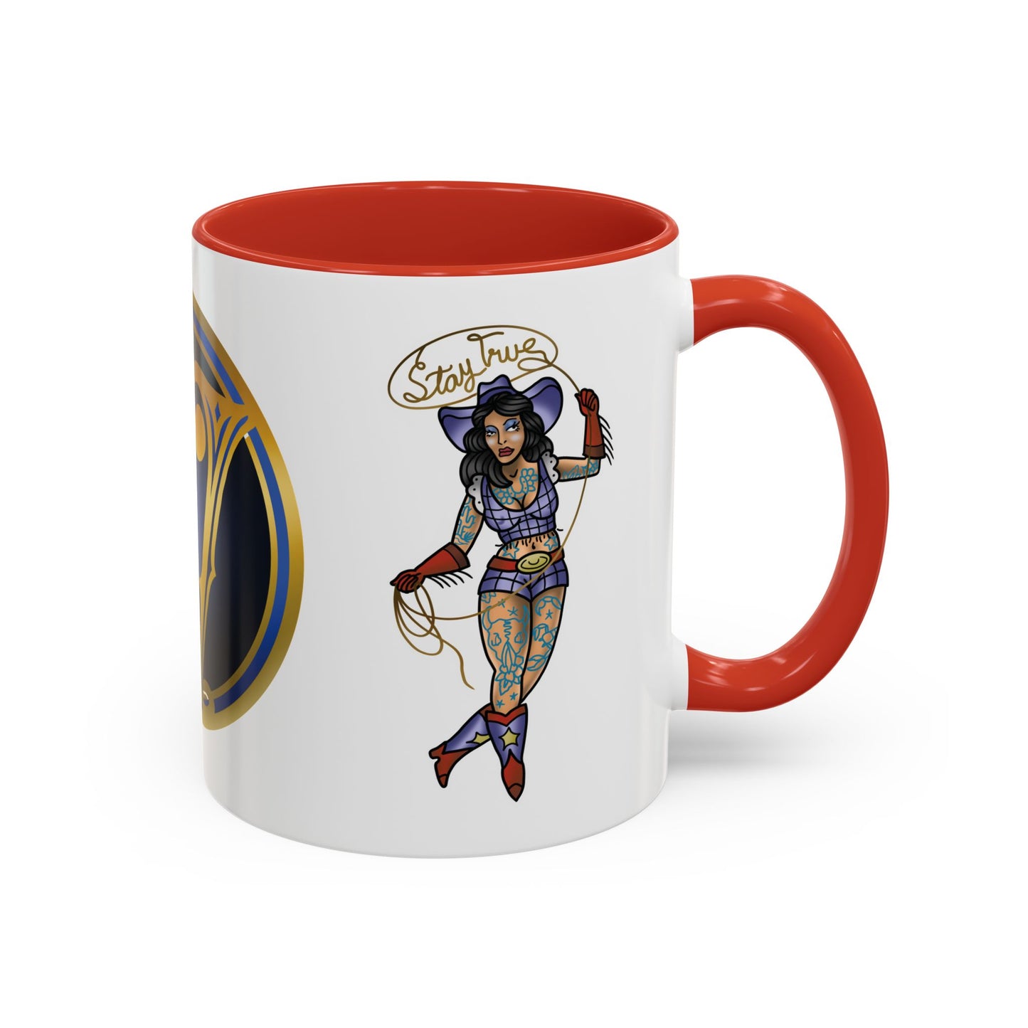 Accent Coffee Mug — Vintage Gold 'V' Monogram & Pin-Up Cowgirl Illustration (11oz/15oz)