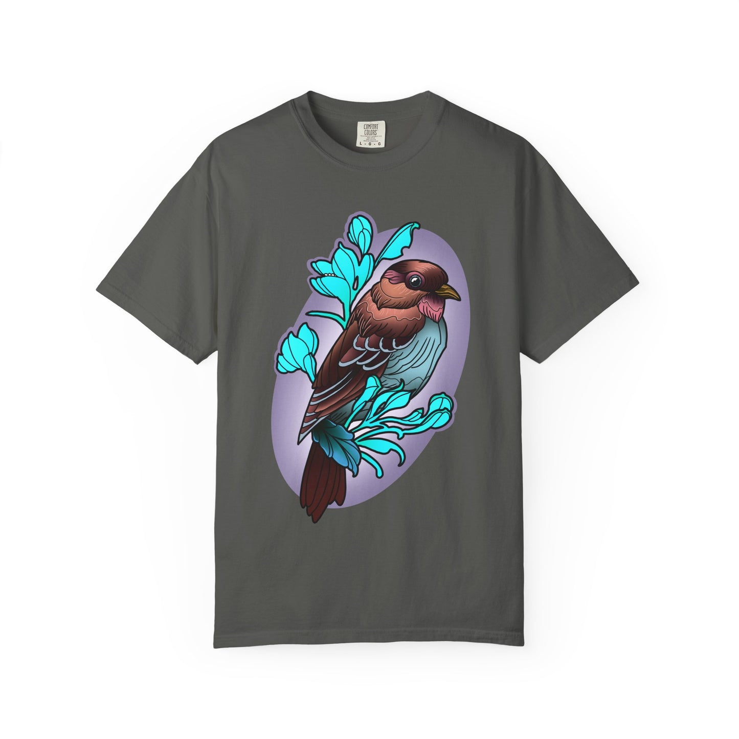 Bird Illustration T-Shirt — Colorful Sparrow on Floral Branch Tee