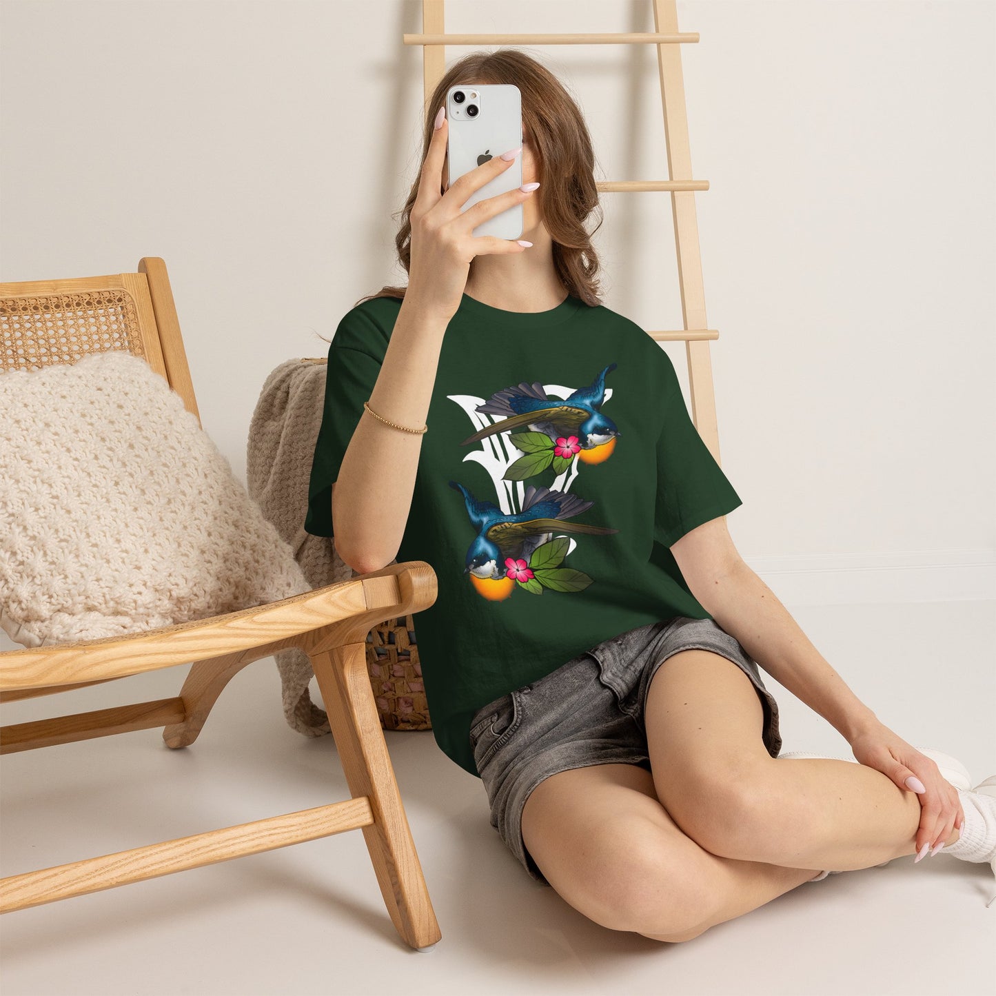 Bird Skull & Swallow Art Tee — Vibrant Blue Bird Illustration T-Shirt