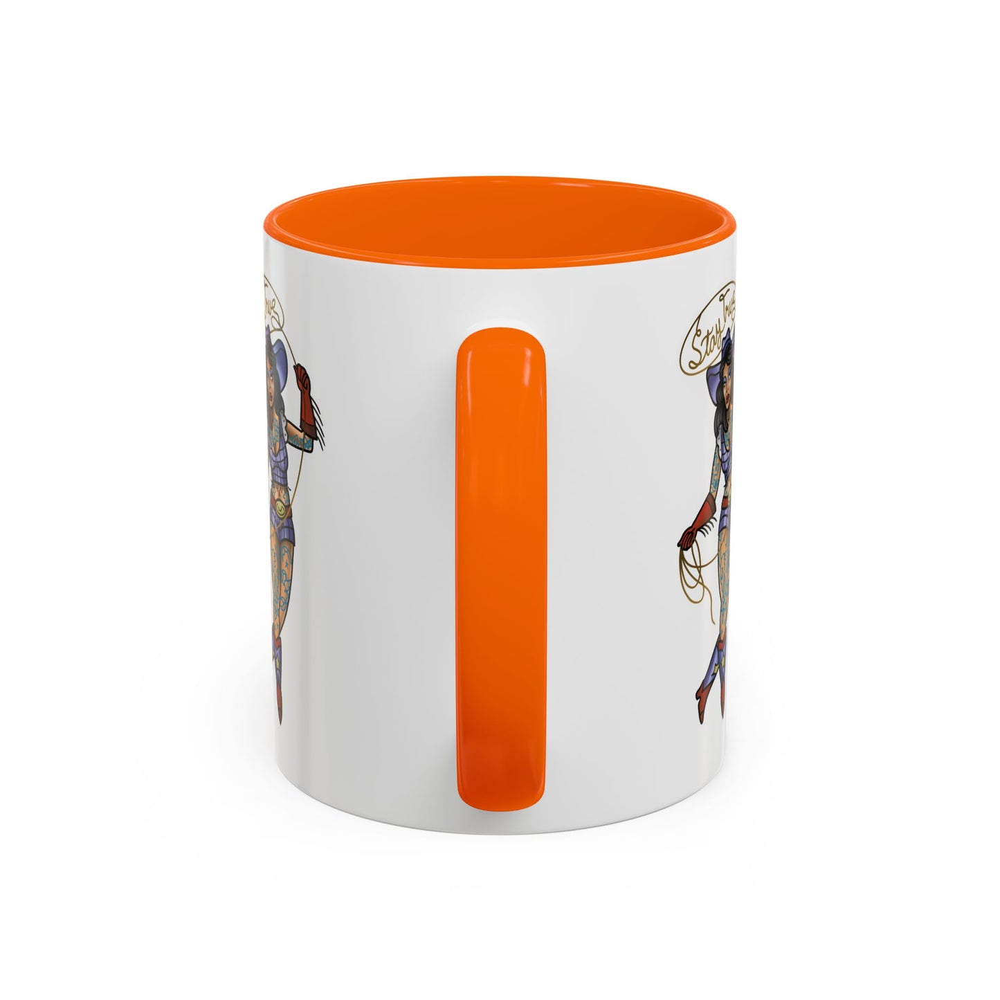 Accent Coffee Mug — Vintage Gold 'V' Monogram & Pin-Up Cowgirl Illustration (11oz/15oz)