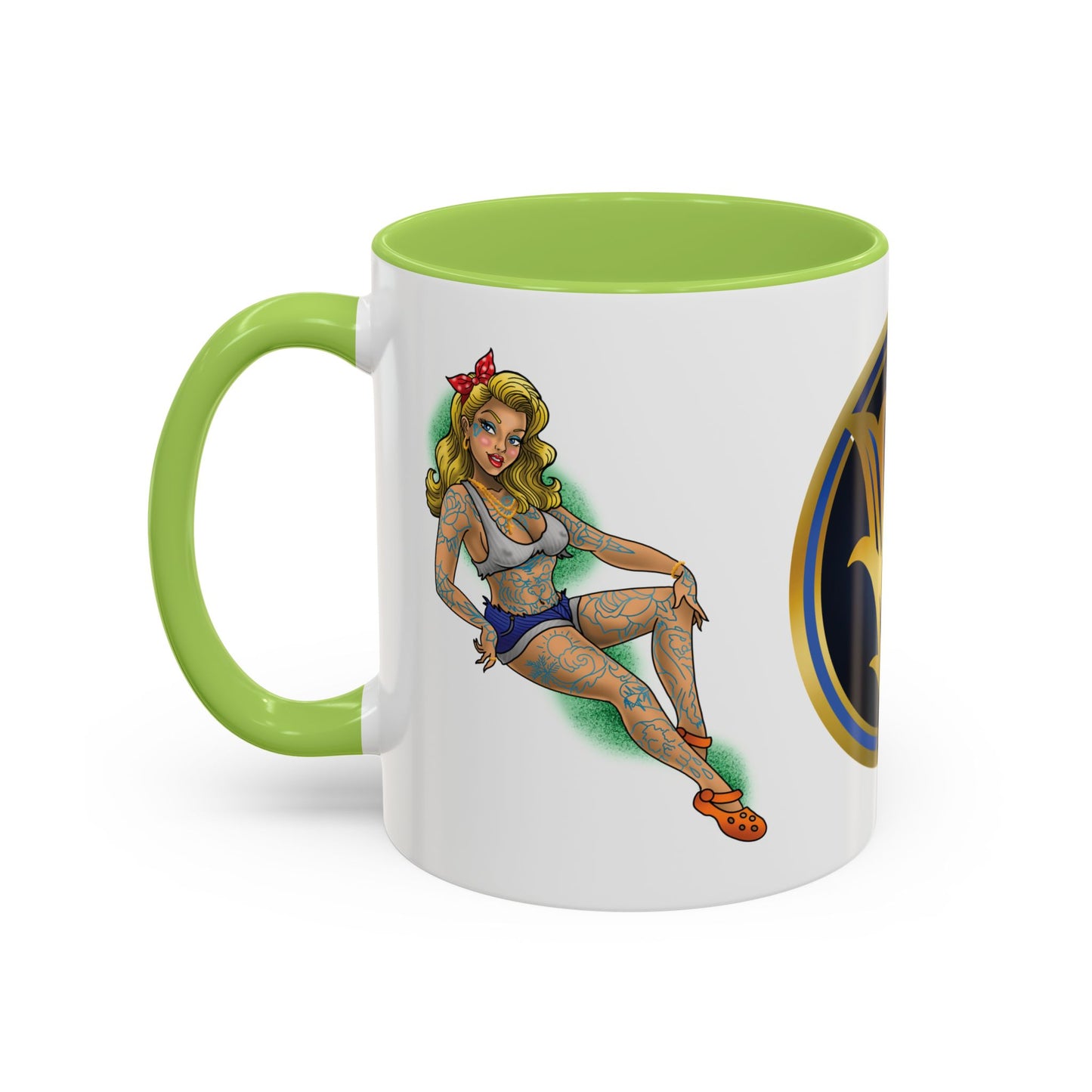 Vintage Pin-Up Coffee Mug with Gold Monogram V — Retro Tattoo Style Accent Mug (11/15oz)