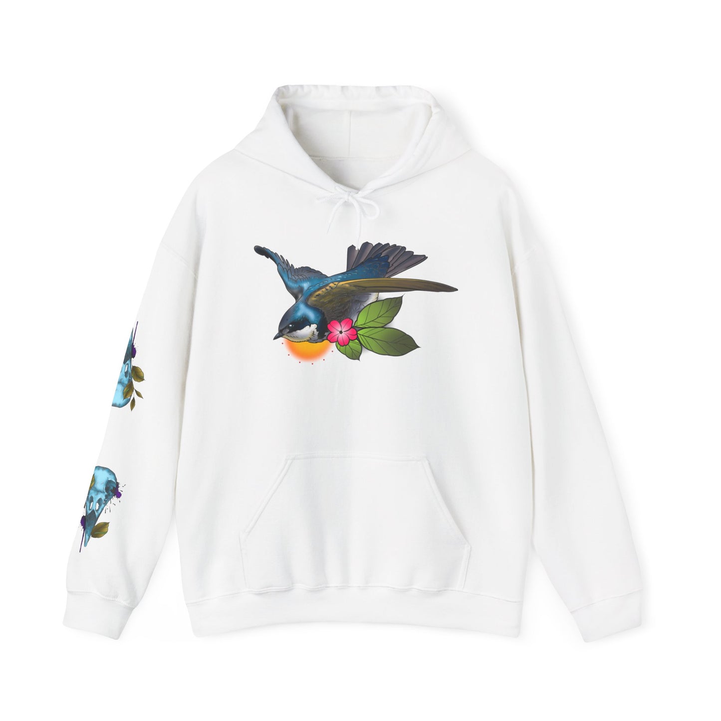 Swallow & Blossom Hoodie – Blue Bird Floral Graphic Sweatshirt