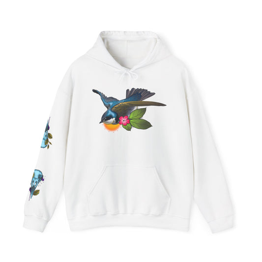 Swallow & Blossom Hoodie – Blue Bird Floral Graphic Sweatshirt