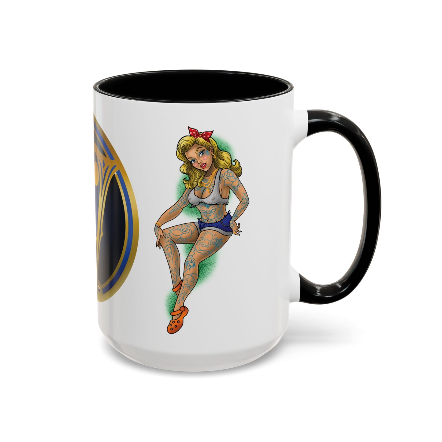 Vintage Pin-Up Coffee Mug with Gold Monogram V — Retro Tattoo Style Accent Mug (11/15oz)