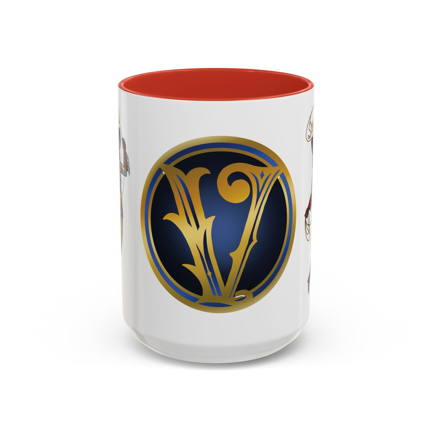 Accent Coffee Mug — Vintage Gold 'V' Monogram & Pin-Up Cowgirl Illustration (11oz/15oz)