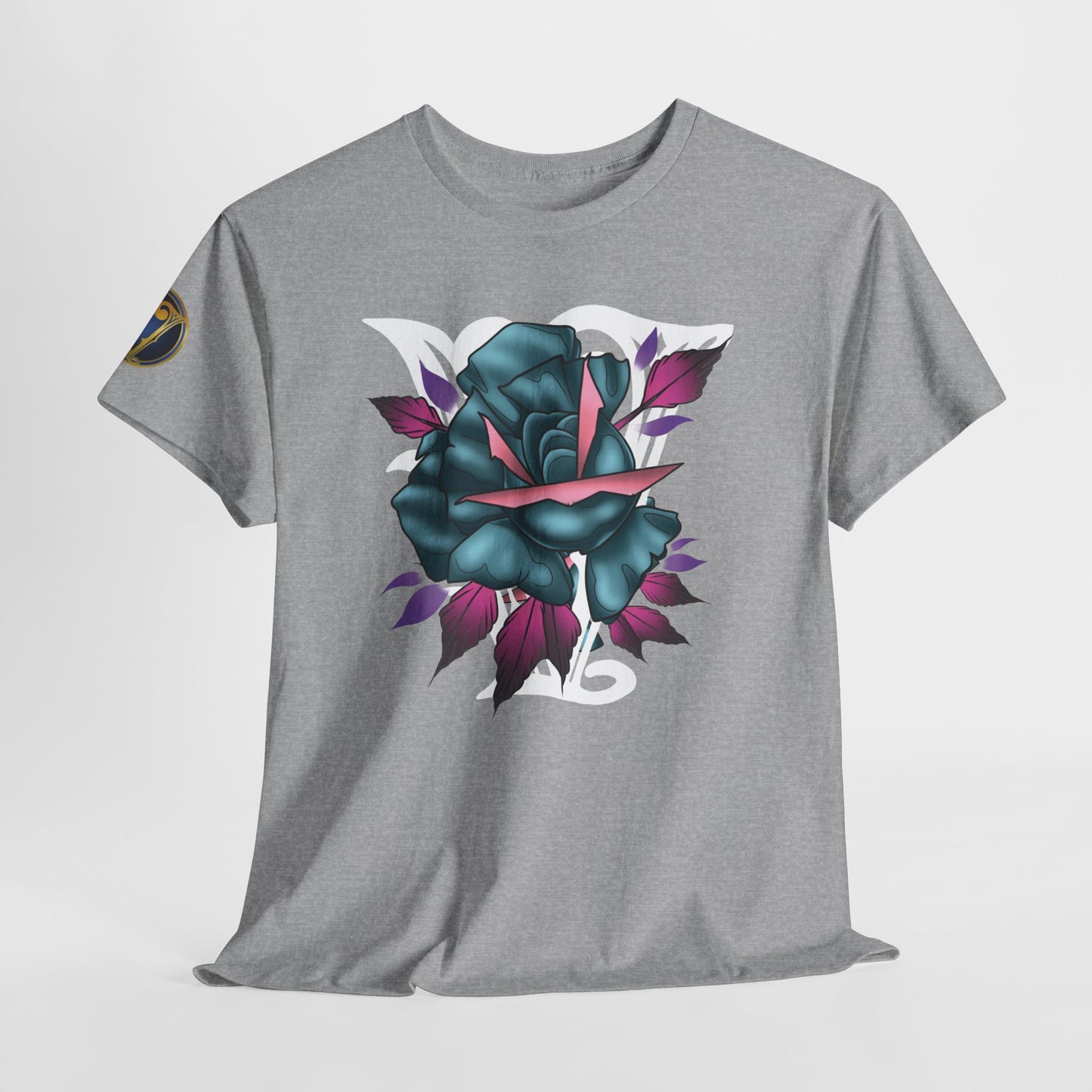 Blue & Pink Rose Graphic Tee — Vintage Floral Tattoo Shirt