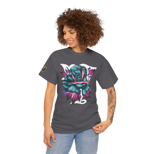 Blue & Pink Rose Graphic Tee — Vintage Floral Tattoo Shirt