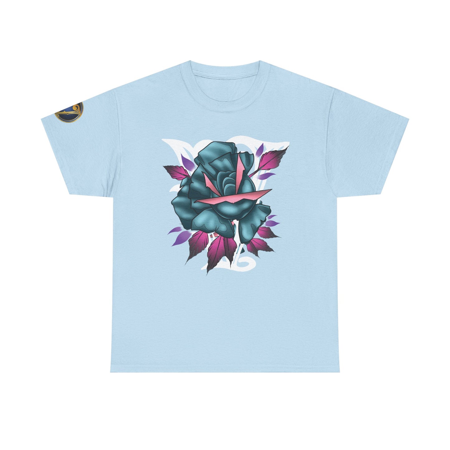 Blue & Pink Rose Graphic Tee — Vintage Floral Tattoo Shirt