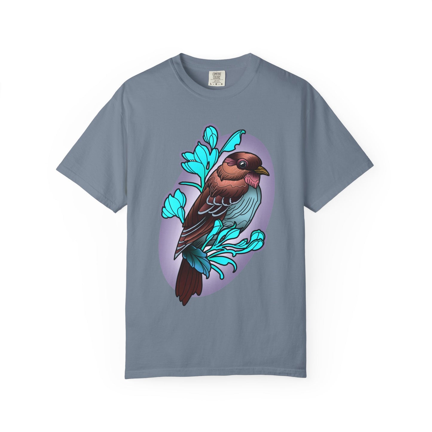 Bird Illustration T-Shirt — Colorful Sparrow on Floral Branch Tee