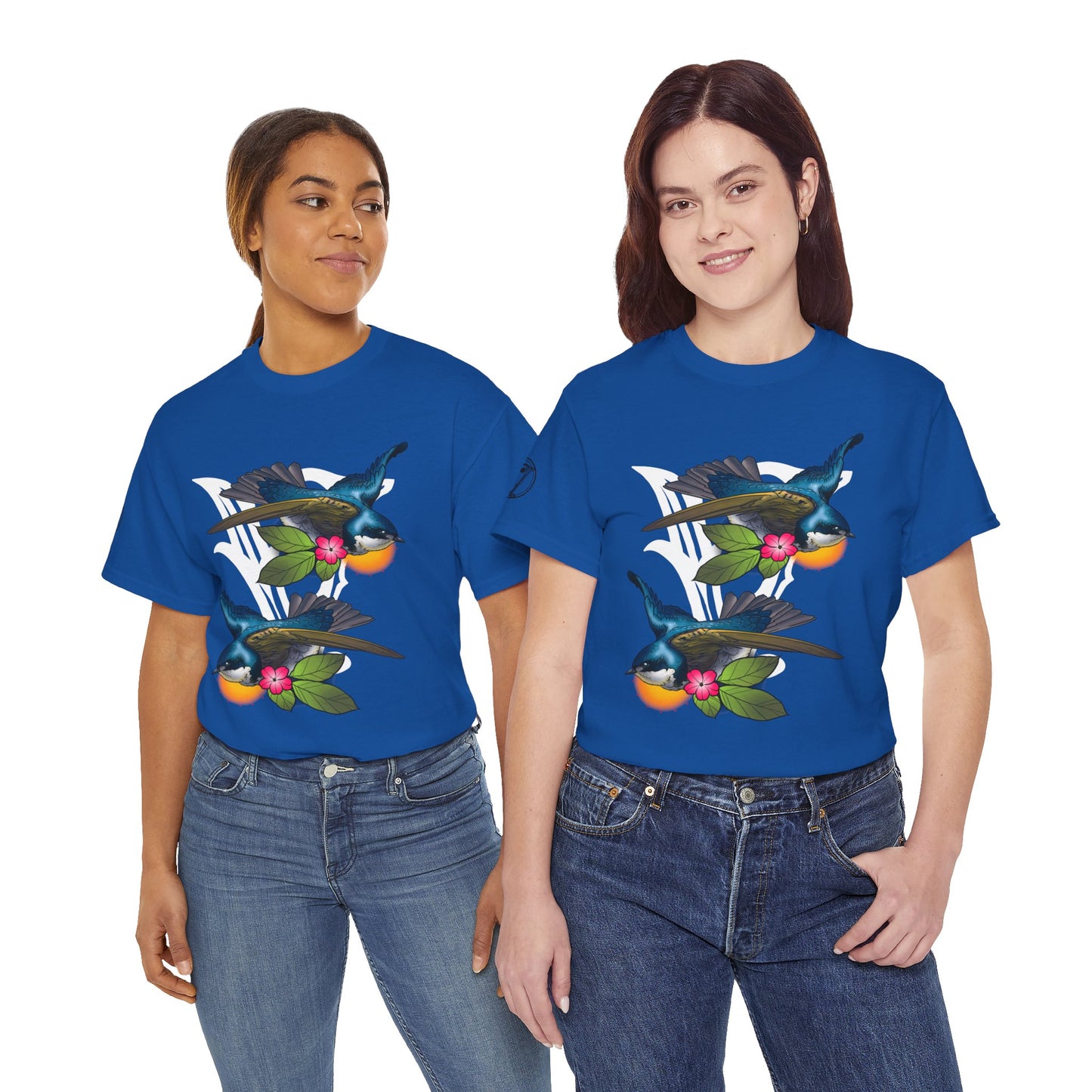 Bird Skull & Swallow Art Tee — Vibrant Blue Bird Illustration T-Shirt
