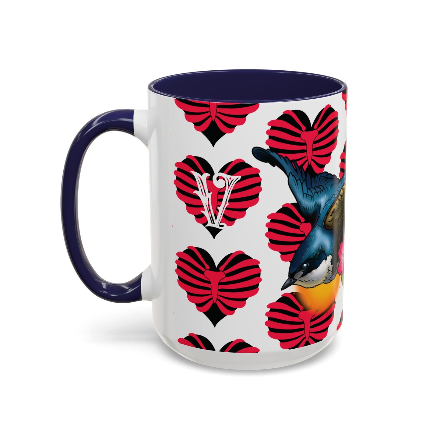 Bird & Hearts Accent Coffee Mug – Colorful Songbird Pattern (11/15oz)