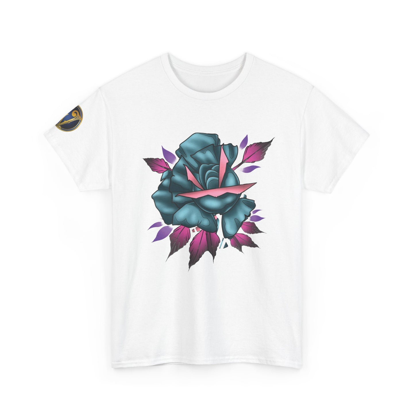 Blue & Pink Rose Graphic Tee — Vintage Floral Tattoo Shirt