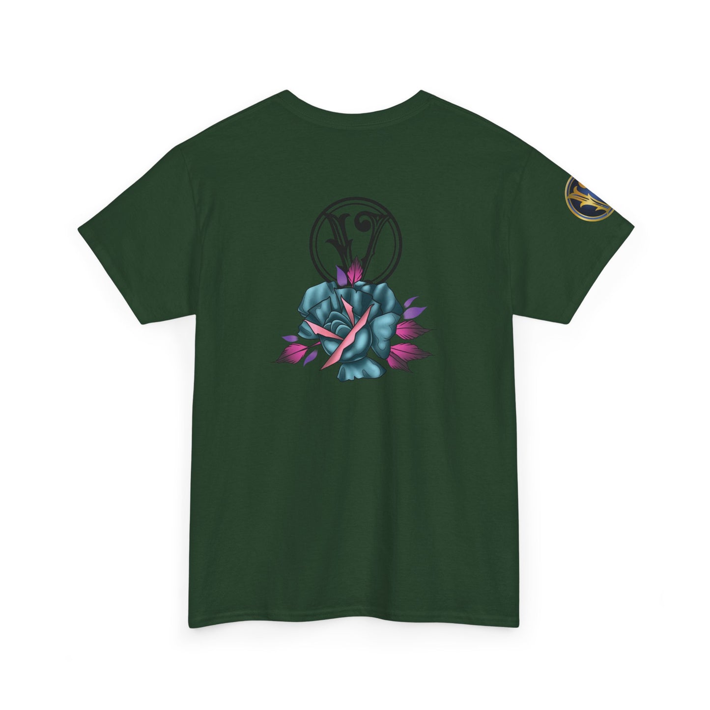 Blue & Pink Rose Graphic Tee — Vintage Floral Tattoo Shirt