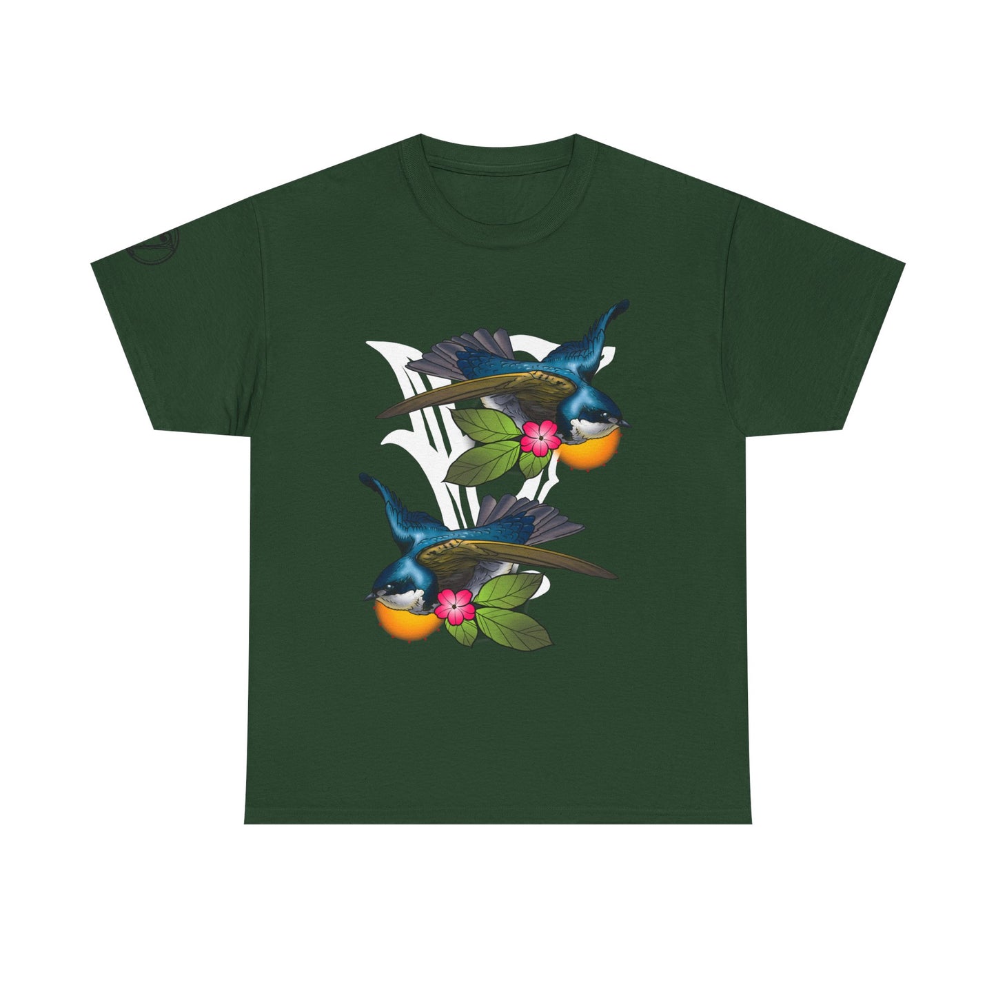 Bird Skull & Swallow Art Tee — Vibrant Blue Bird Illustration T-Shirt
