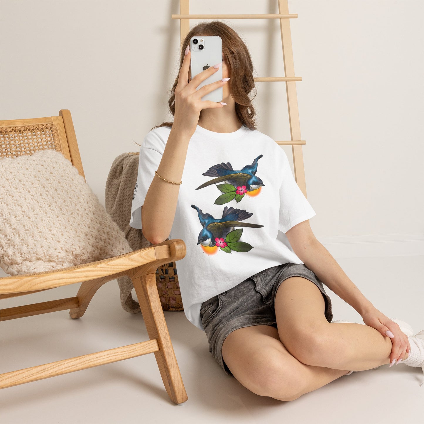 Bird Skull & Swallow Art Tee — Vibrant Blue Bird Illustration T-Shirt