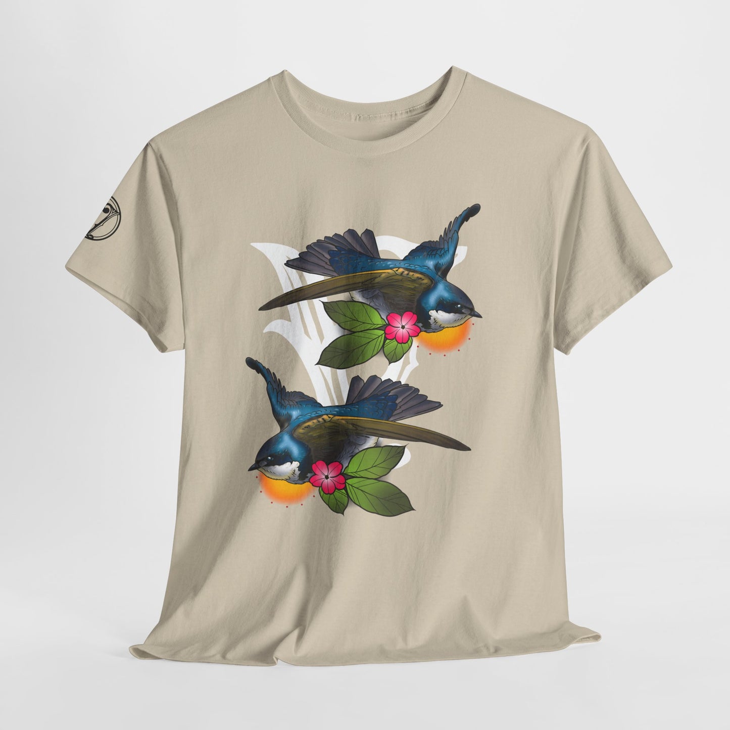 Bird Skull & Swallow Art Tee — Vibrant Blue Bird Illustration T-Shirt