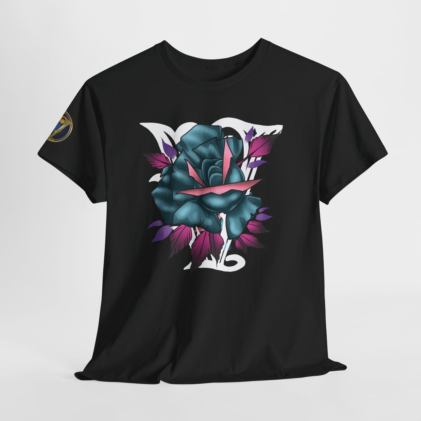 Blue & Pink Rose Graphic Tee — Vintage Floral Tattoo Shirt