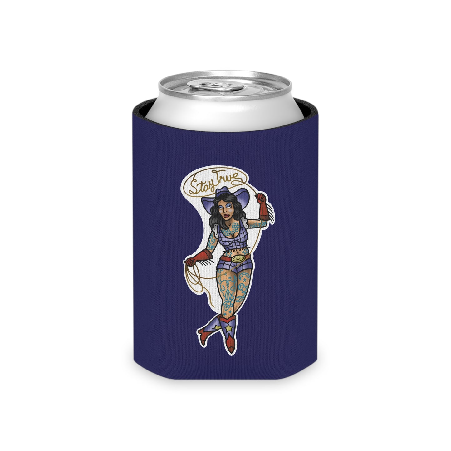 Can Cooler — Retro Tattoo Pinup Girl Design "Stay True"