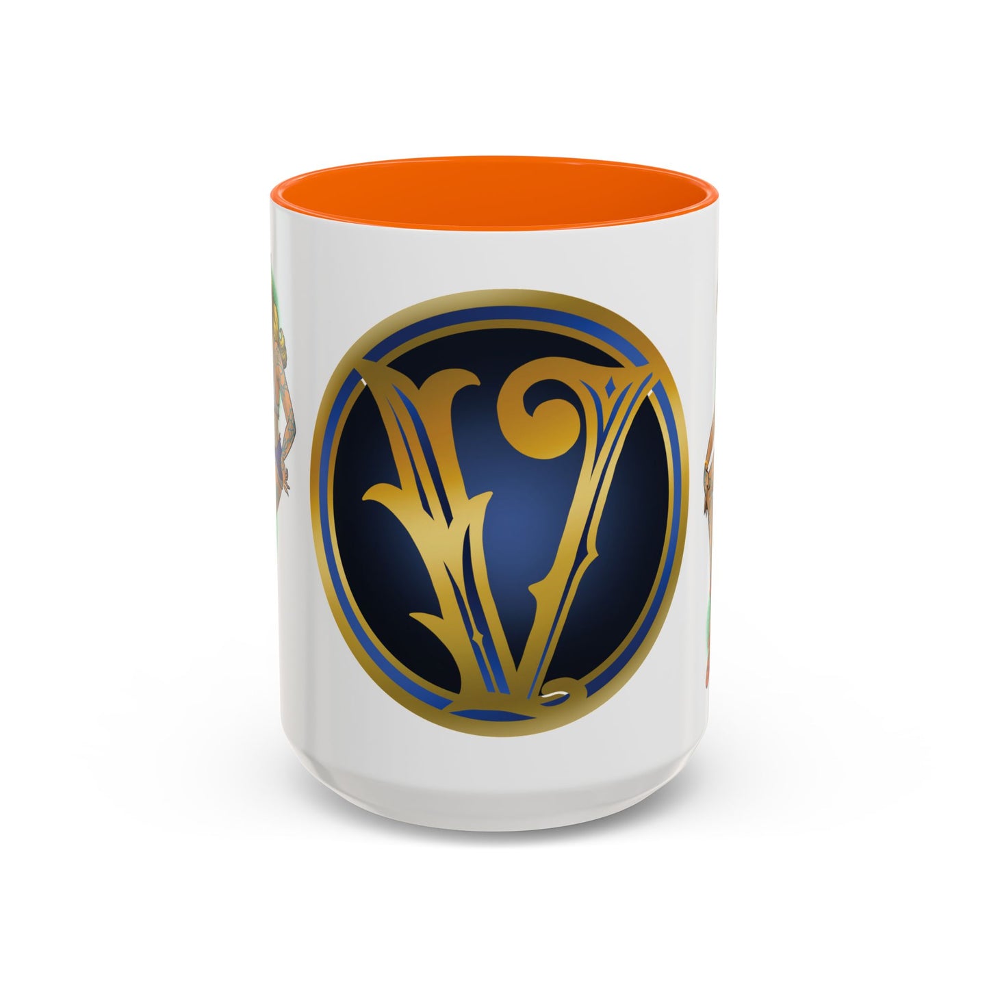 Vintage Pin-Up Coffee Mug with Gold Monogram V — Retro Tattoo Style Accent Mug (11/15oz)