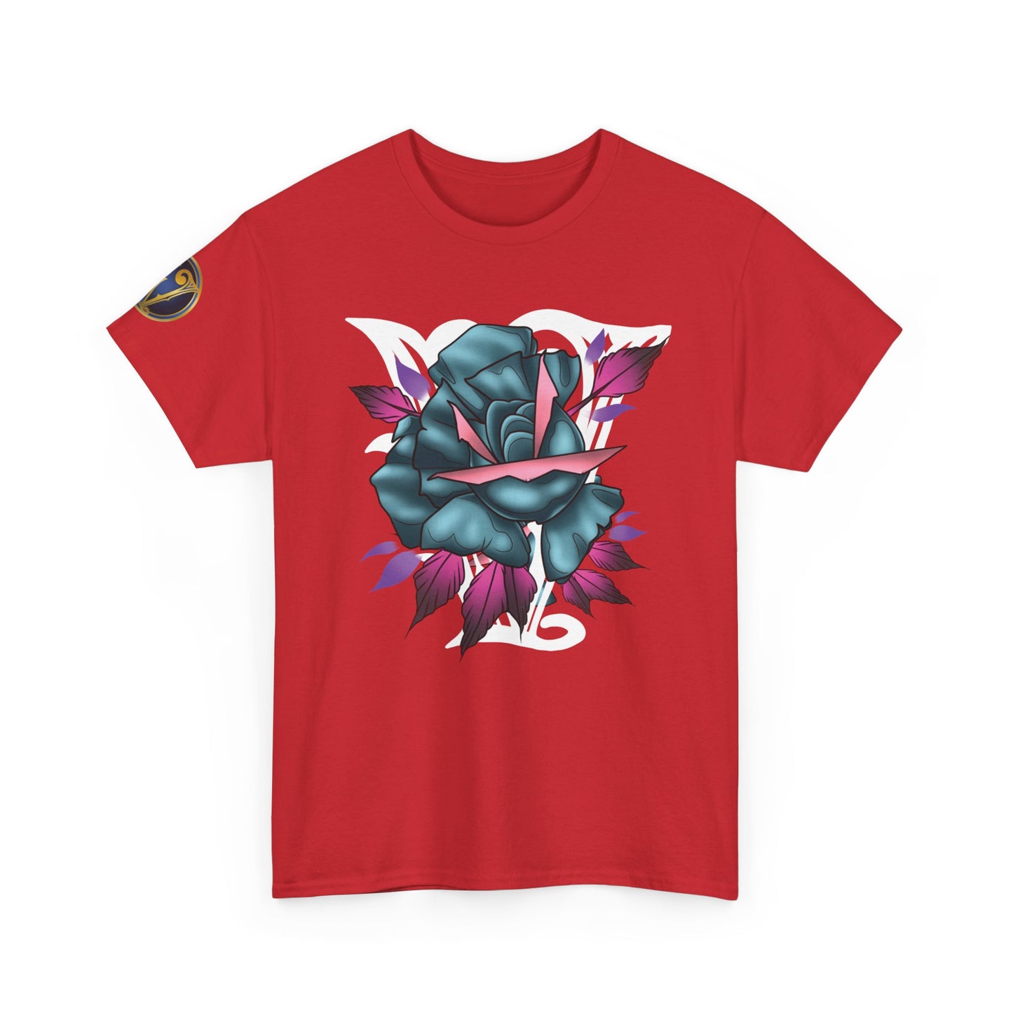 Blue & Pink Rose Graphic Tee — Vintage Floral Tattoo Shirt