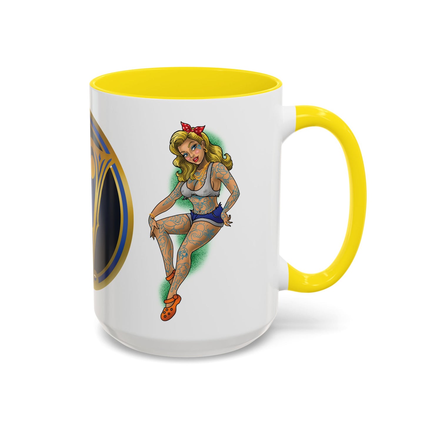 Vintage Pin-Up Coffee Mug with Gold Monogram V — Retro Tattoo Style Accent Mug (11/15oz)