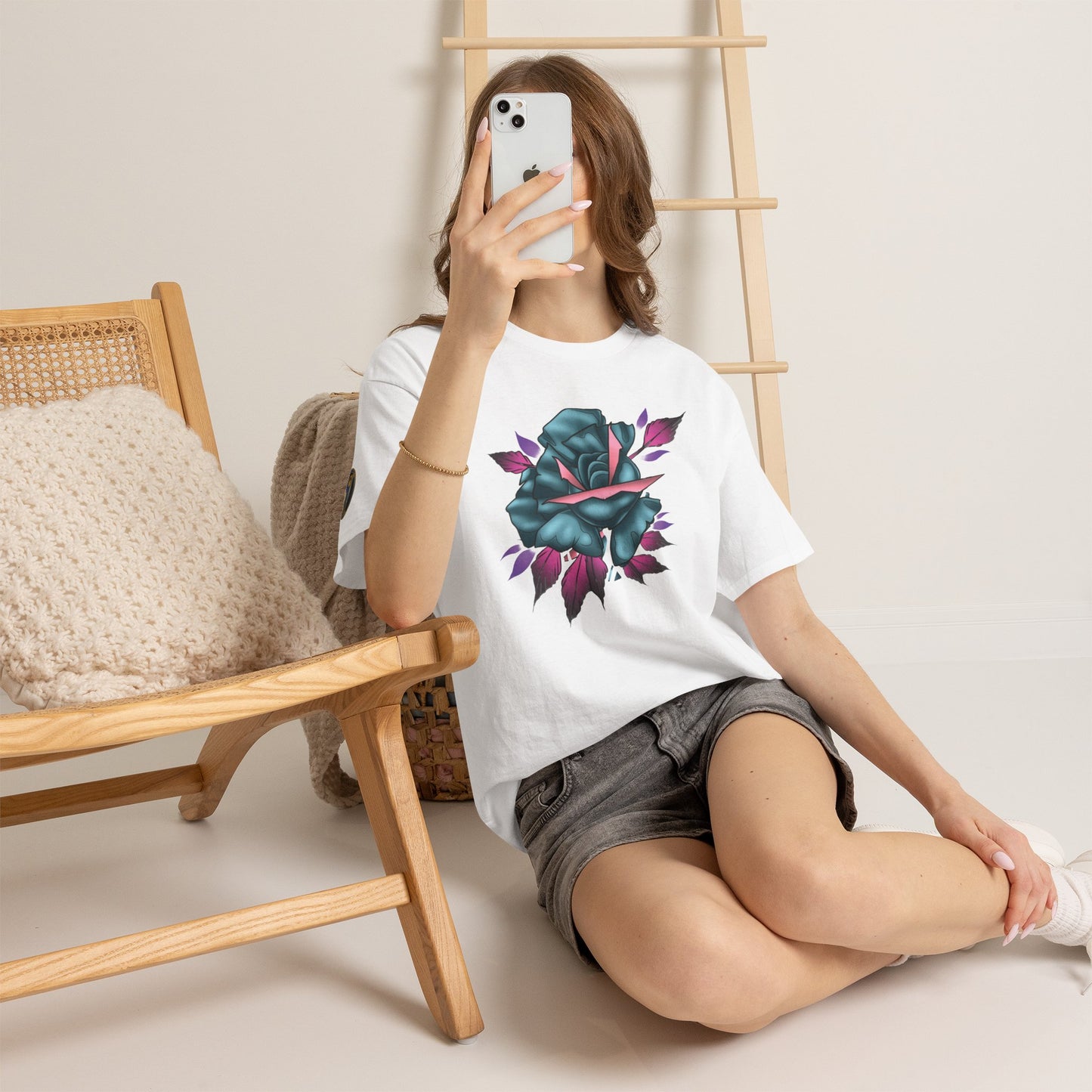Blue & Pink Rose Graphic Tee — Vintage Floral Tattoo Shirt