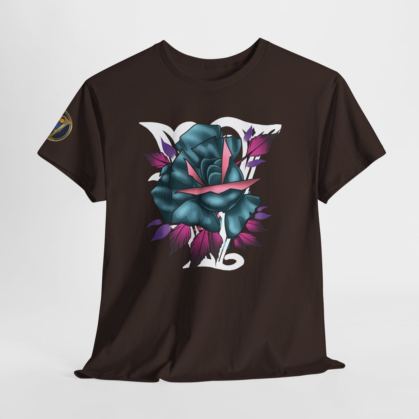 Blue & Pink Rose Graphic Tee — Vintage Floral Tattoo Shirt