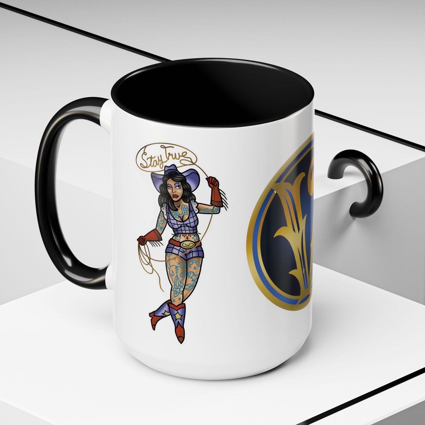 Accent Coffee Mug — Vintage Gold 'V' Monogram & Pin-Up Cowgirl Illustration (11oz/15oz)