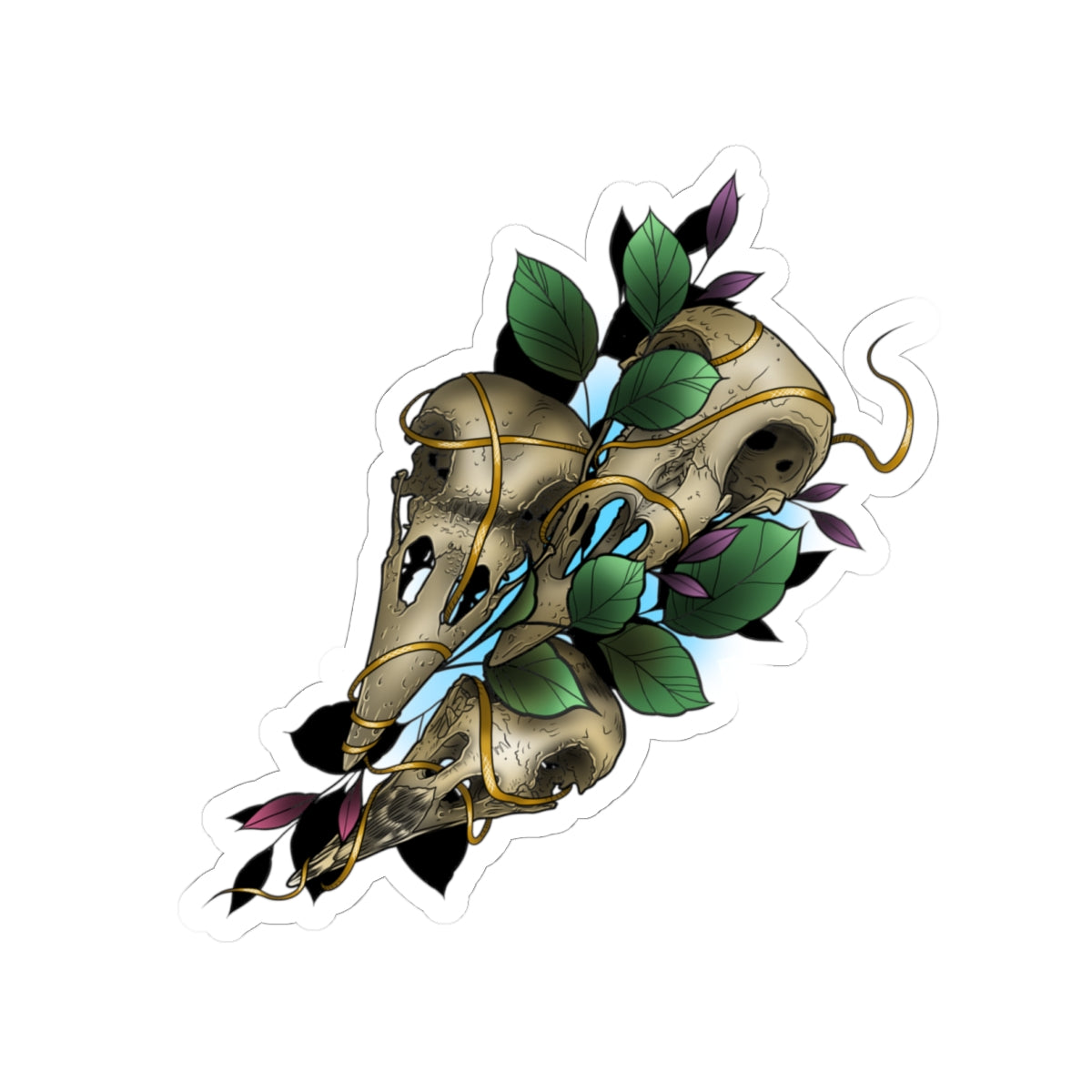 Skull & Vines Kiss-Cut Sticker — Botanical Raven Skull Laptop Decal