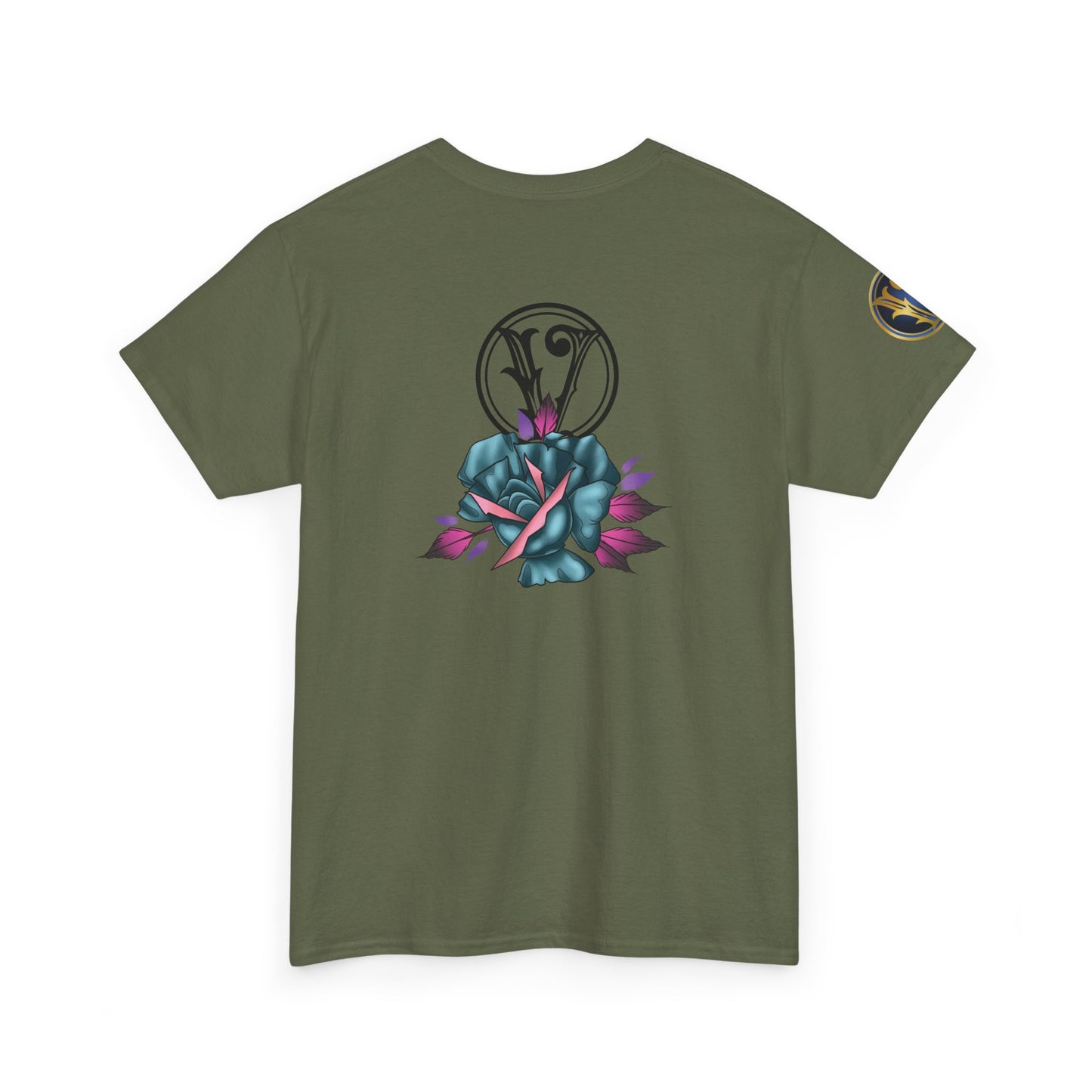 Blue & Pink Rose Graphic Tee — Vintage Floral Tattoo Shirt