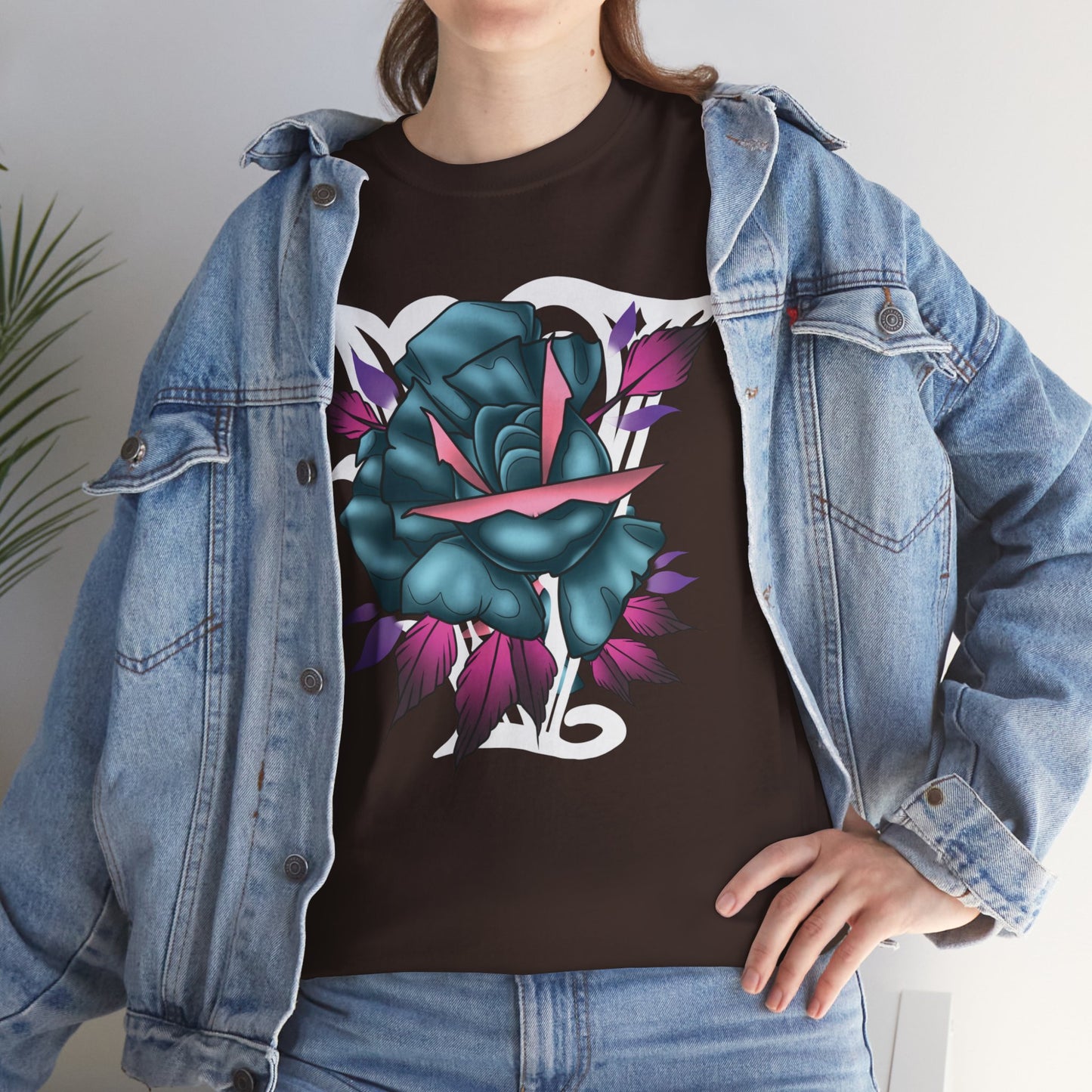 Blue & Pink Rose Graphic Tee — Vintage Floral Tattoo Shirt