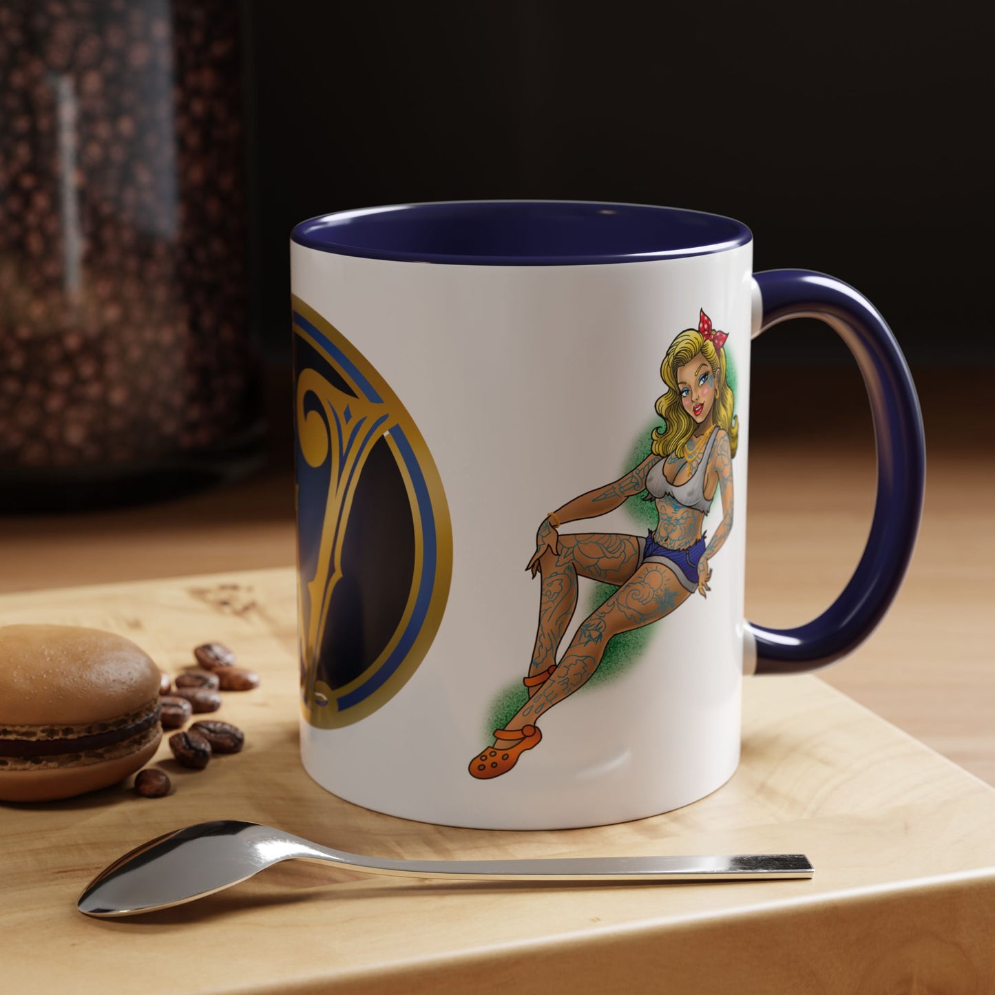 Vintage Pin-Up Coffee Mug with Gold Monogram V — Retro Tattoo Style Accent Mug (11/15oz)