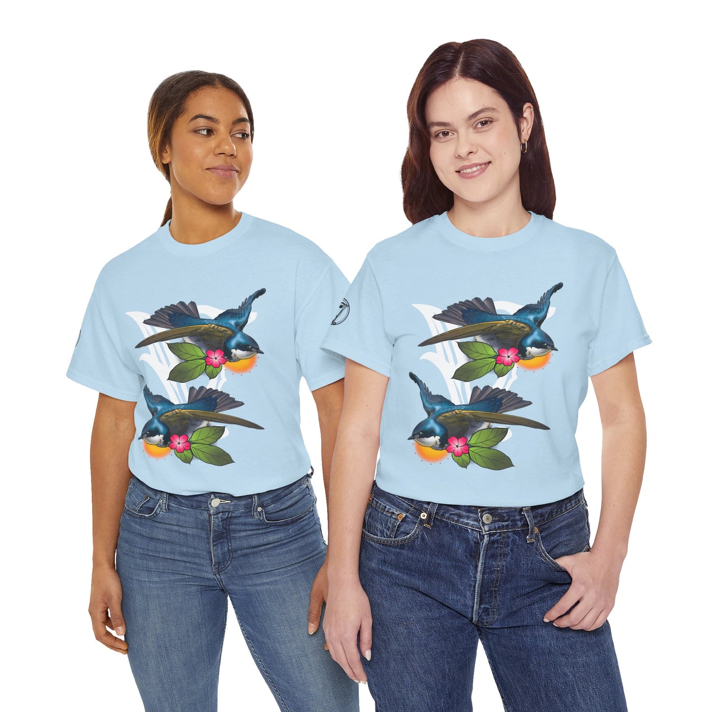 Bird Skull & Swallow Art Tee — Vibrant Blue Bird Illustration T-Shirt