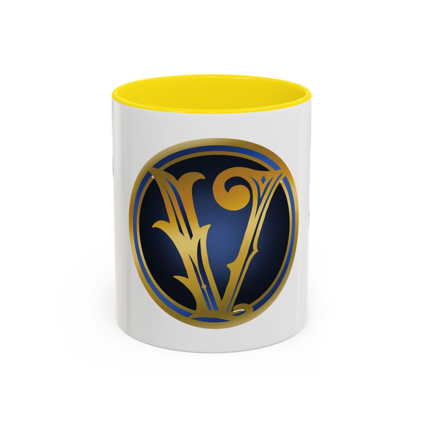 Accent Coffee Mug — Vintage Gold 'V' Monogram & Pin-Up Cowgirl Illustration (11oz/15oz)