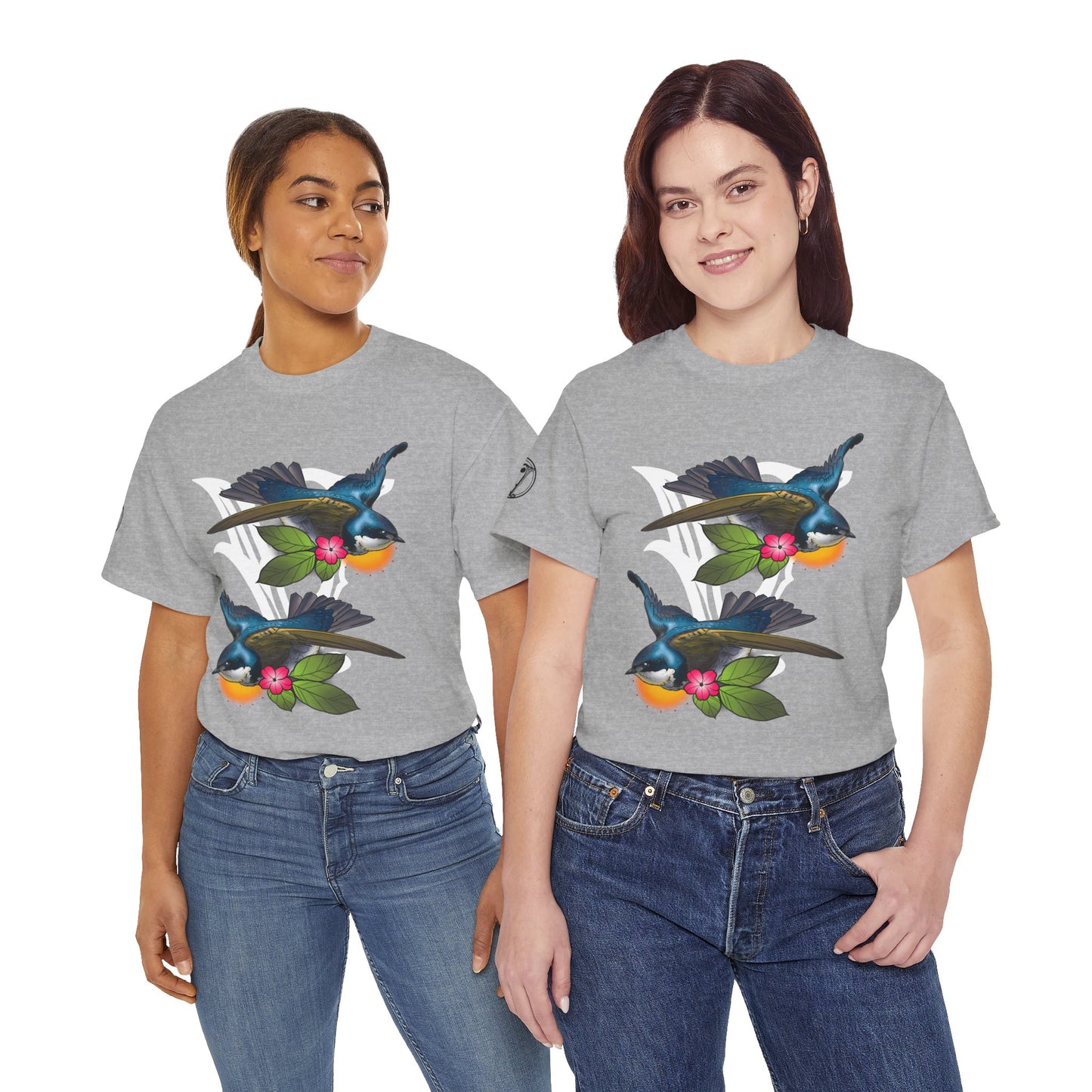 Bird Skull & Swallow Art Tee — Vibrant Blue Bird Illustration T-Shirt