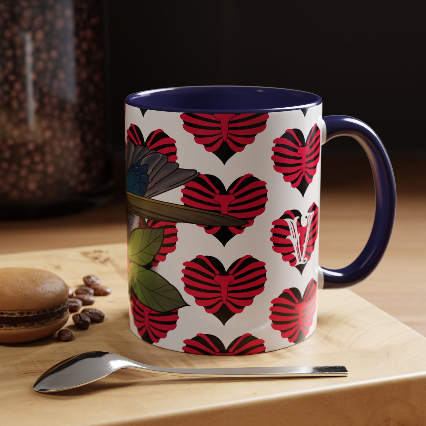 Bird & Hearts Accent Coffee Mug – Colorful Songbird Pattern (11/15oz)