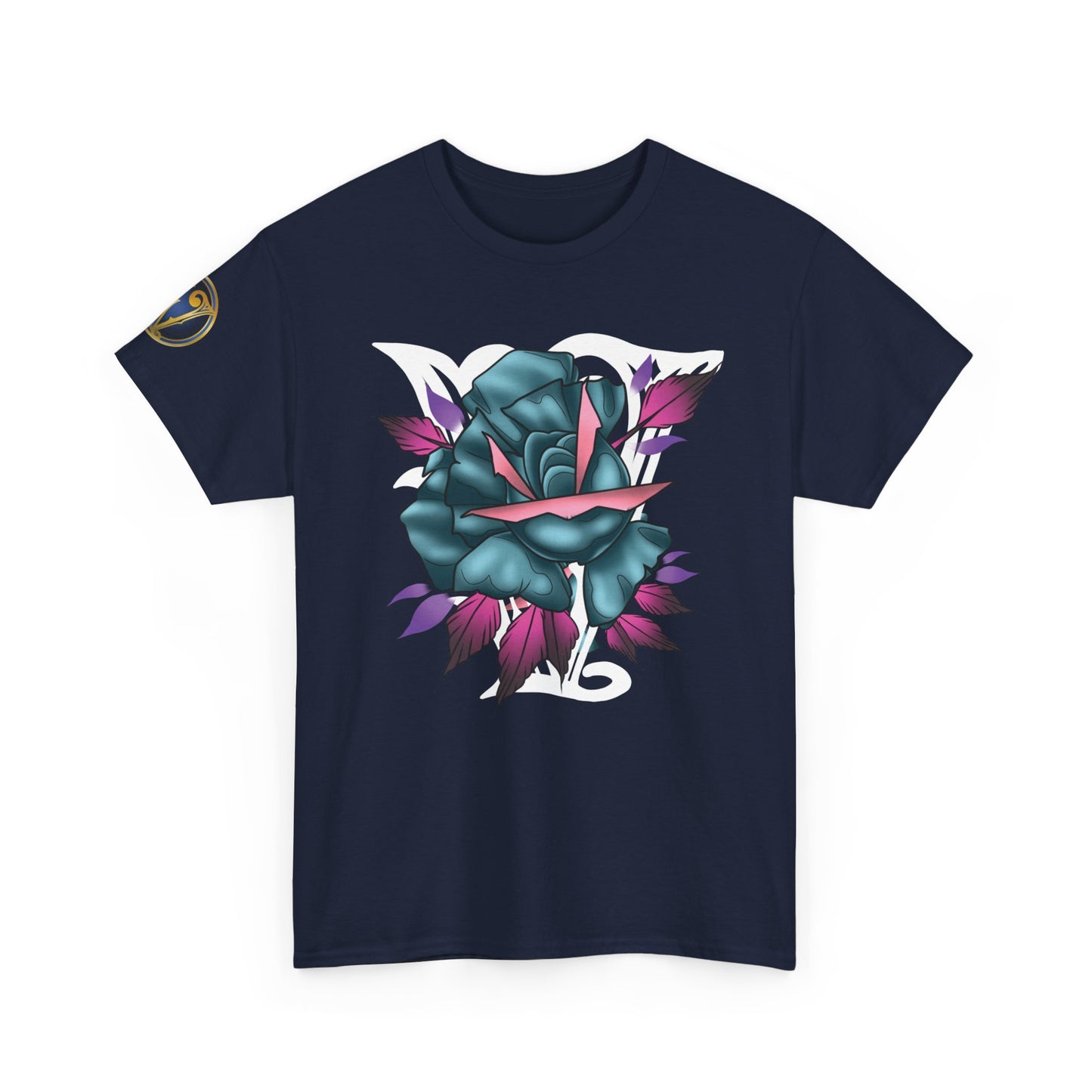 Blue & Pink Rose Graphic Tee — Vintage Floral Tattoo Shirt