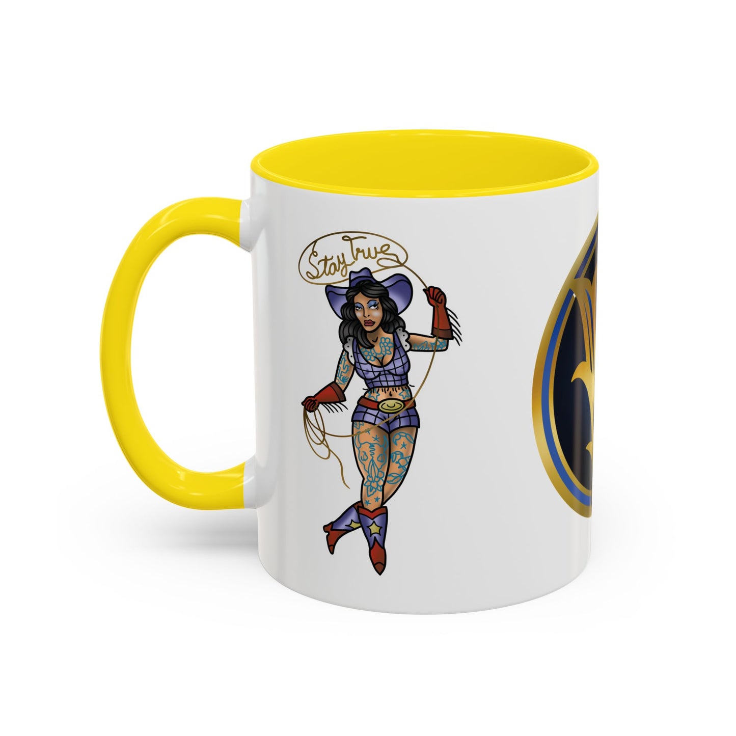 Accent Coffee Mug — Vintage Gold 'V' Monogram & Pin-Up Cowgirl Illustration (11oz/15oz)