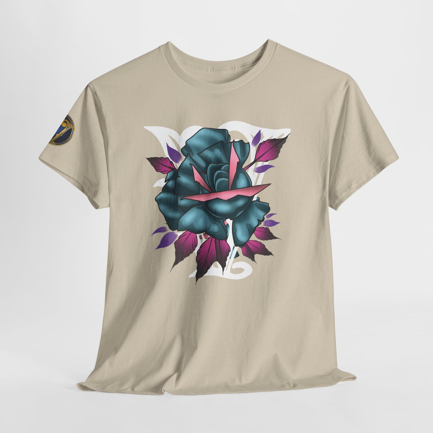 Blue & Pink Rose Graphic Tee — Vintage Floral Tattoo Shirt