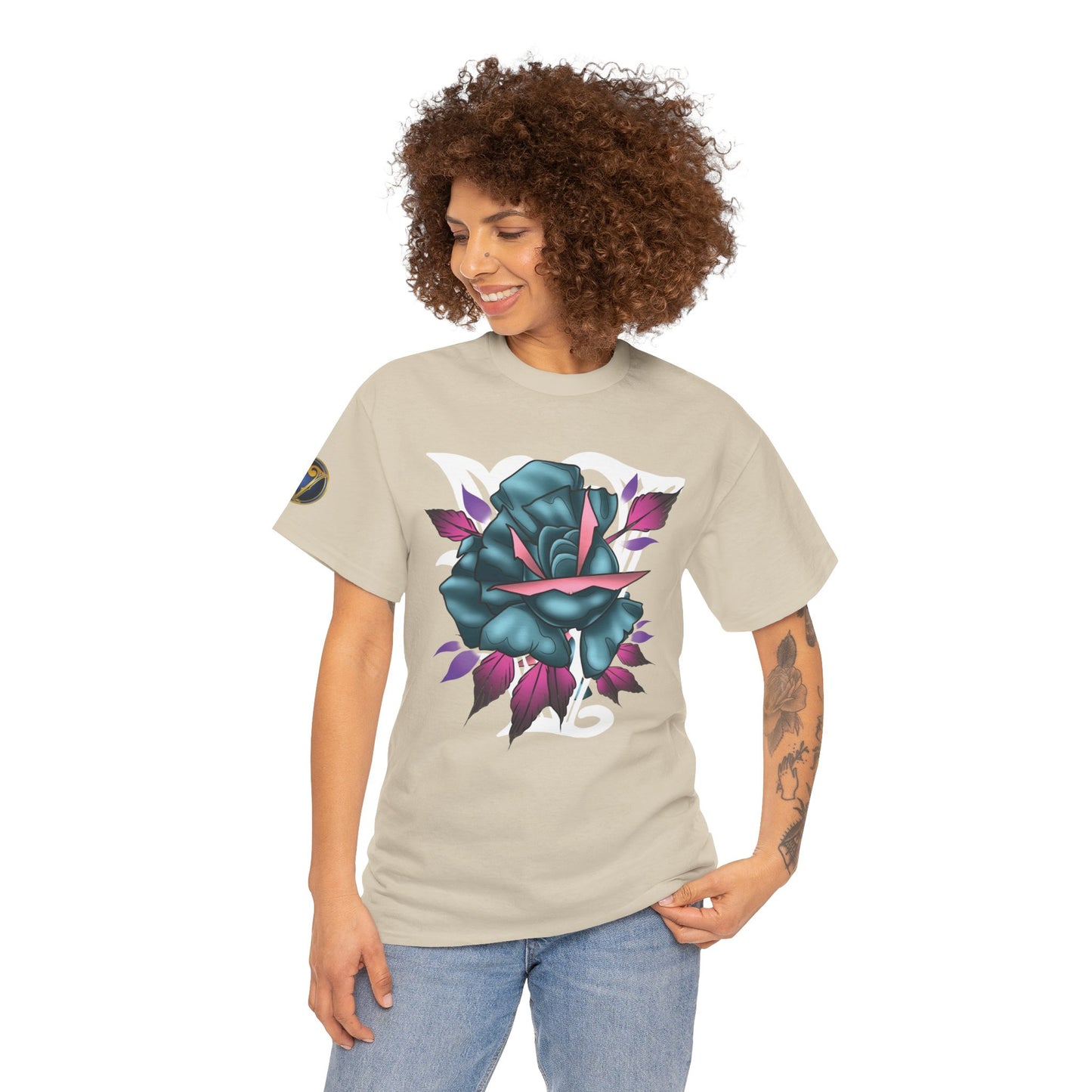 Blue & Pink Rose Graphic Tee — Vintage Floral Tattoo Shirt