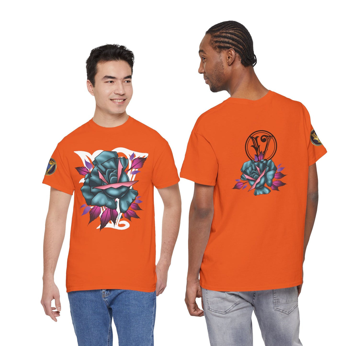 Blue & Pink Rose Graphic Tee — Vintage Floral Tattoo Shirt