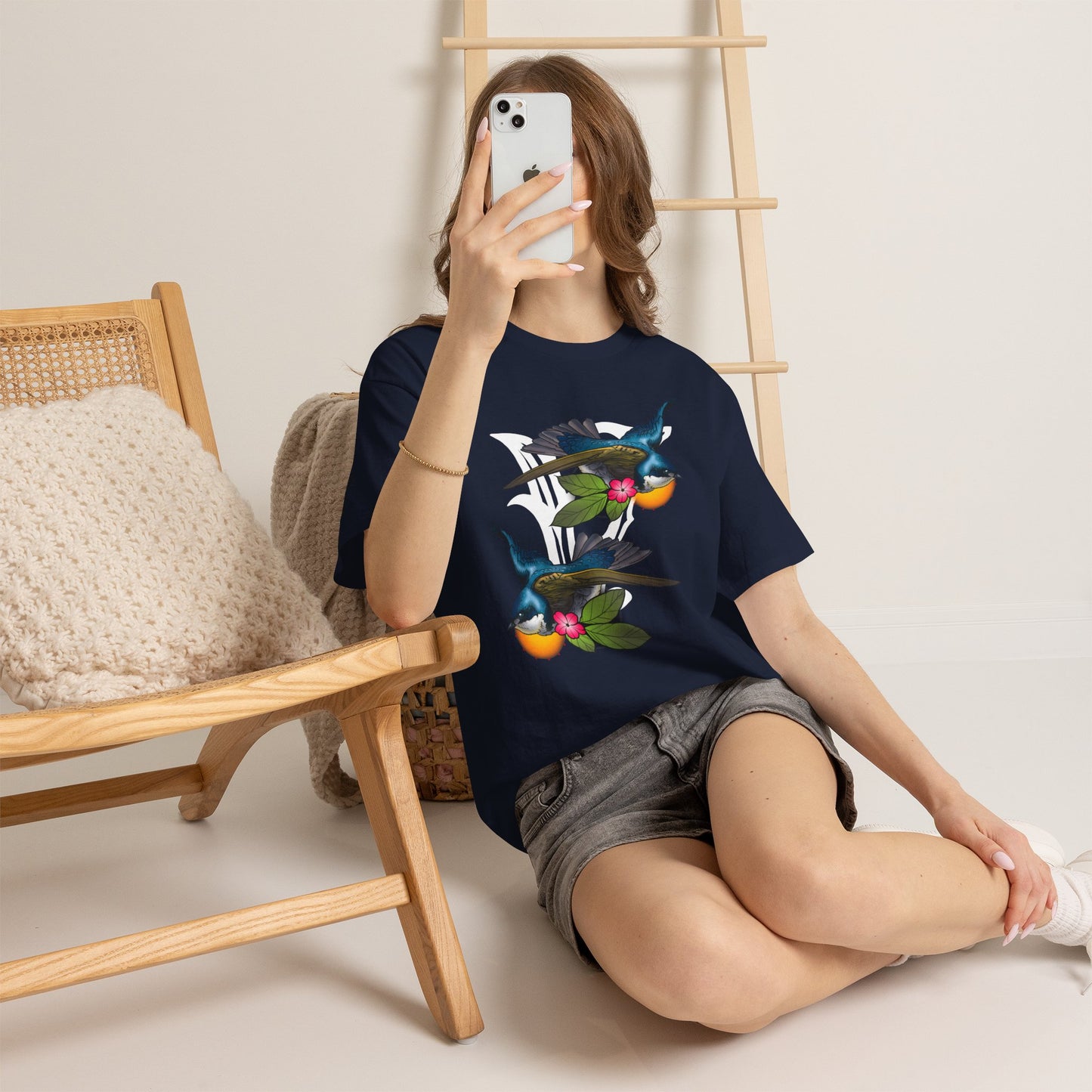 Bird Skull & Swallow Art Tee — Vibrant Blue Bird Illustration T-Shirt
