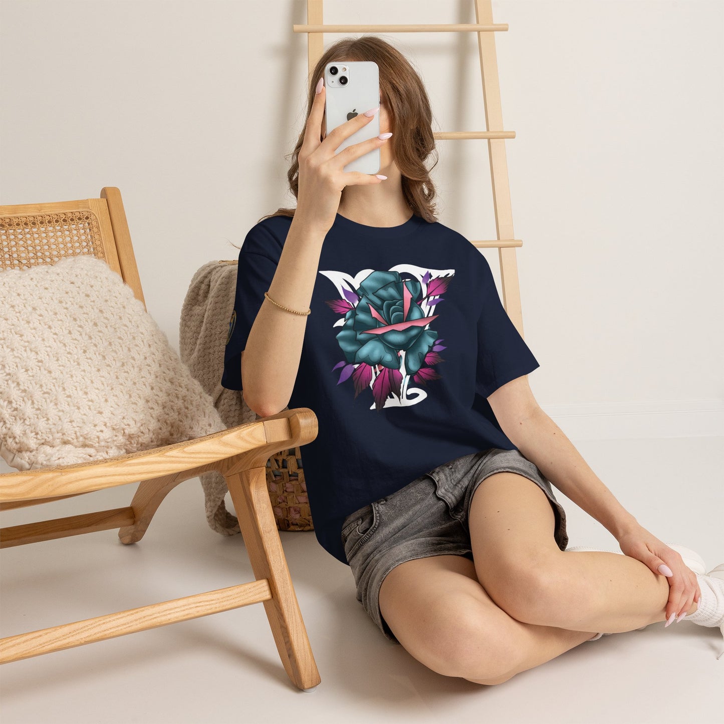 Blue & Pink Rose Graphic Tee — Vintage Floral Tattoo Shirt
